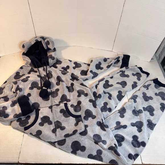 Disney Other - Disney Mickey Mouse Adult L One Piece Pajamas Hooded Fleece Zip Jumpsuit Blue